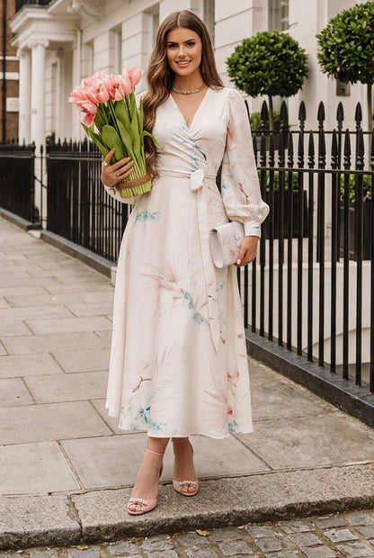 Floral Wrap Midi Dress with Balloon Sleeves