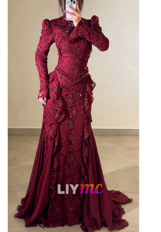 High-Neck Lace Gown with Beaded Fringe & Ruffles
