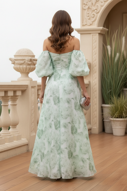 Off-Shoulder Floral Puff Sleeve Gown