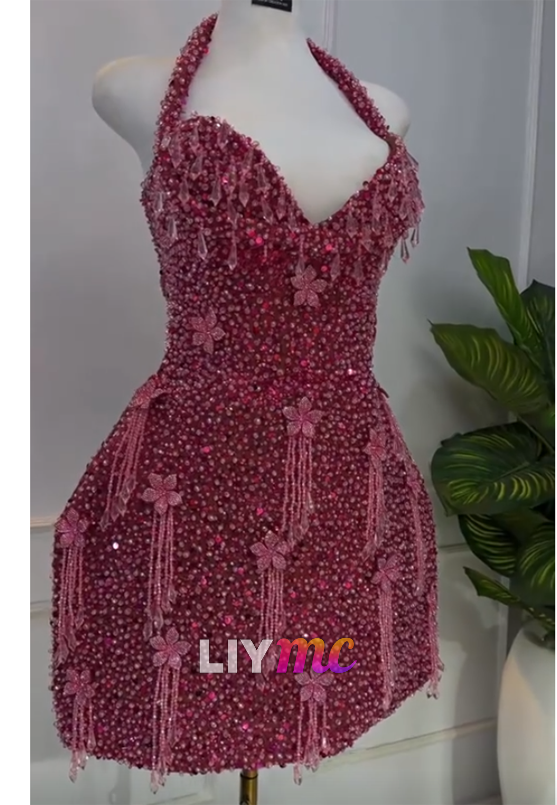 Sparkling Beaded Halter Fringe Mini Dress