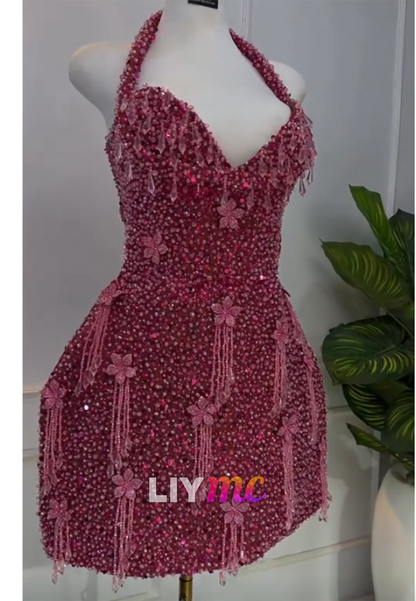 Sparkling Beaded Halter Fringe Mini Dress