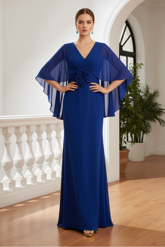 Cape Sleeve Floral Appliqué Evening Gown