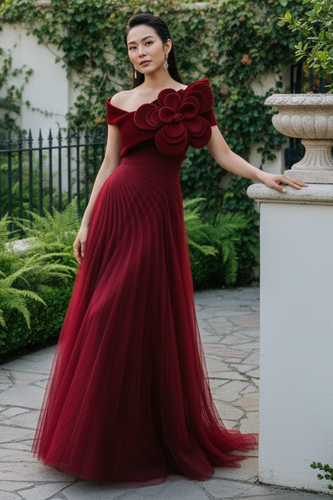 Off-Shoulder 3D Flower Pleated Tulle Evening Gown