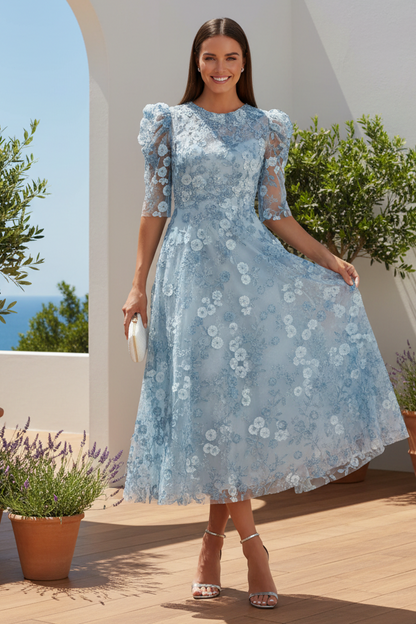 3D Floral Applique A-Line Midi Dress