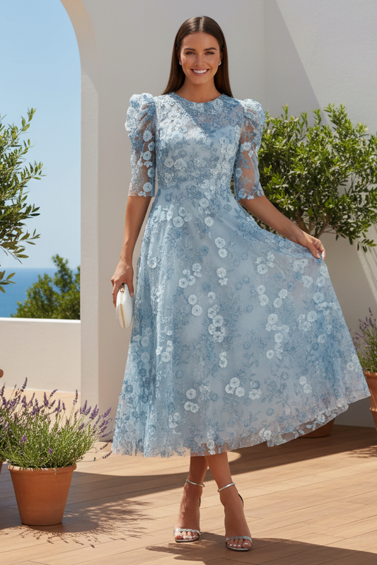 3D Floral Applique A-Line Midi Dress