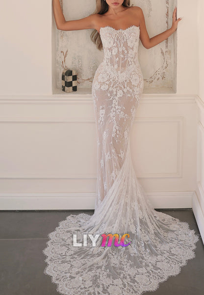 Strapless Lace Mermaid Wedding Dress with Train