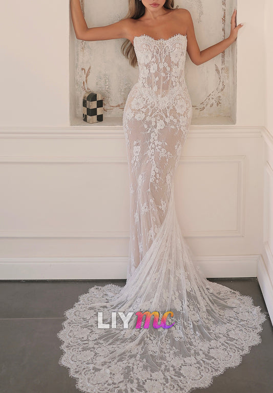 Strapless Lace Mermaid Wedding Dress with Train