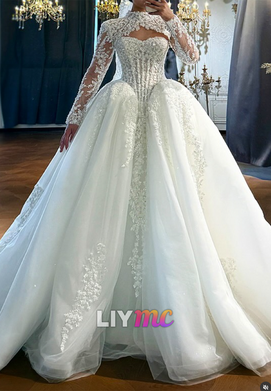 Long Sleeve Ball Gown Wedding Dress with Beaded Lace