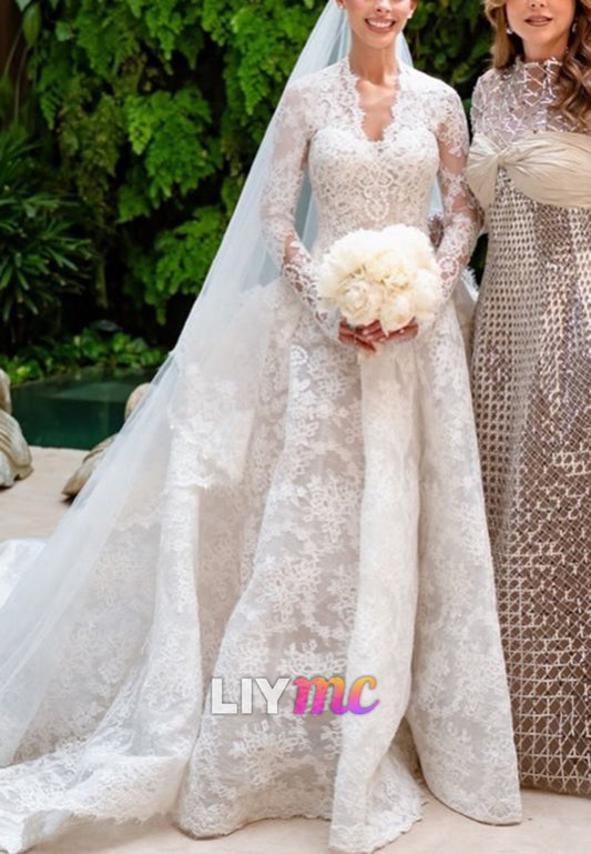 Long Sleeve Lace A-Line Wedding Dress with Train
