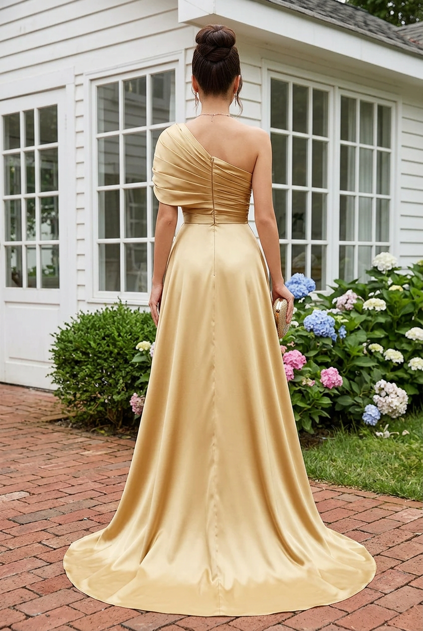 One-Shoulder Pleated Gown with Beaded Mermaid Skirt