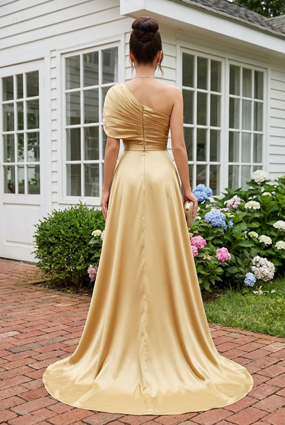 One-Shoulder Pleated Gown with Beaded Mermaid Skirt
