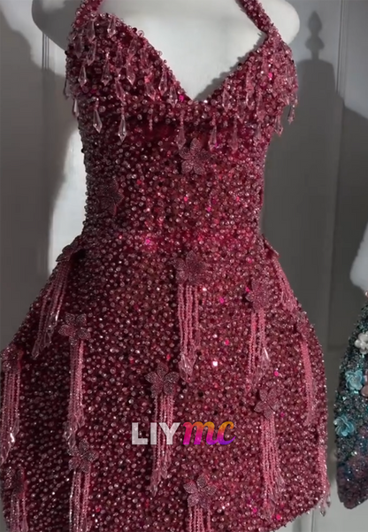 Sparkling Beaded Halter Fringe Mini Dress