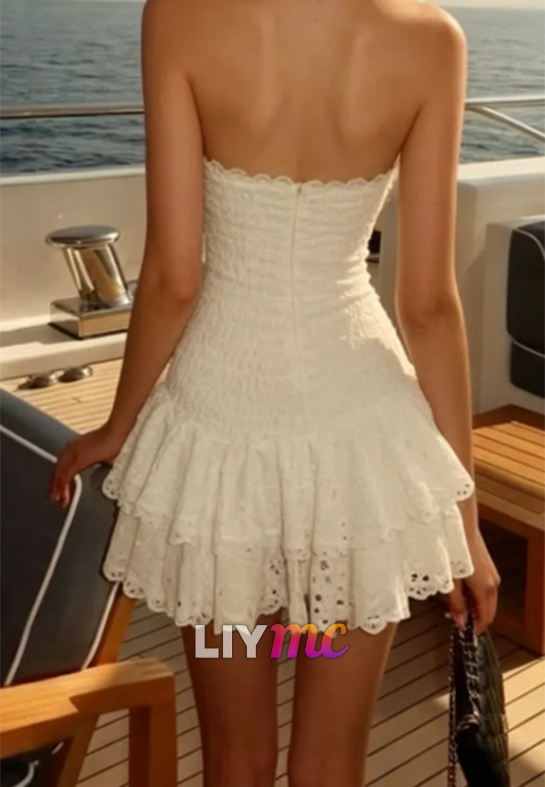 Strapless Tiered Eyelet Lace Mini Dress