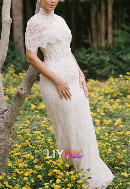 High Neck Lace Sheath Wedding Dress with Capelet