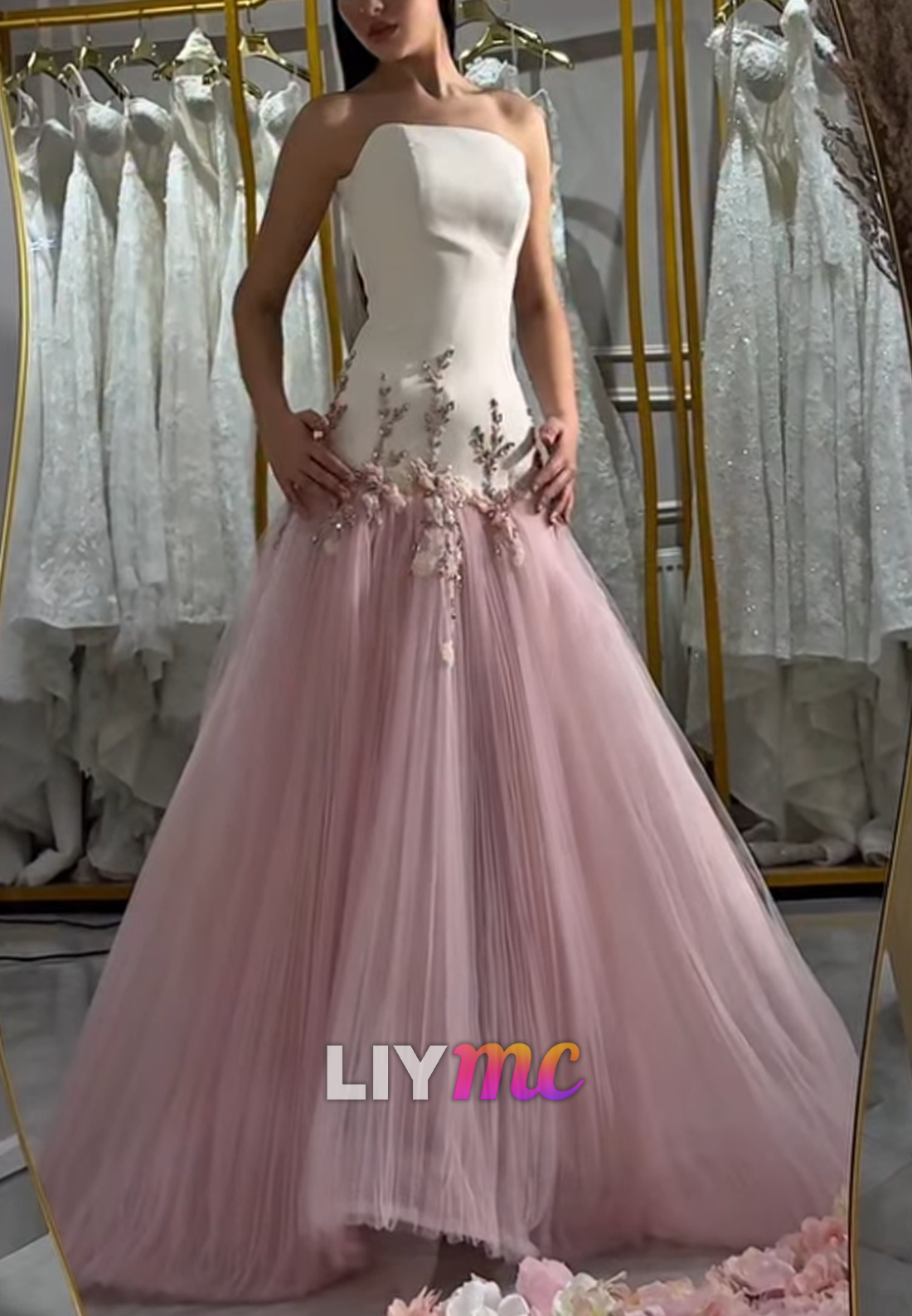 Strapless Two-Tone Tulle Ball Gown with Floral Appliques