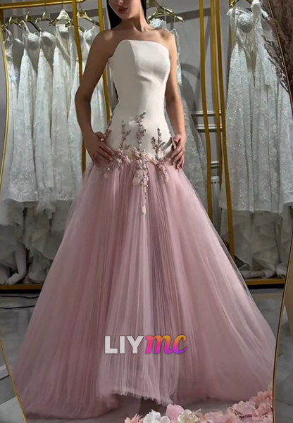 Strapless Two-Tone Tulle Ball Gown with Floral Appliques