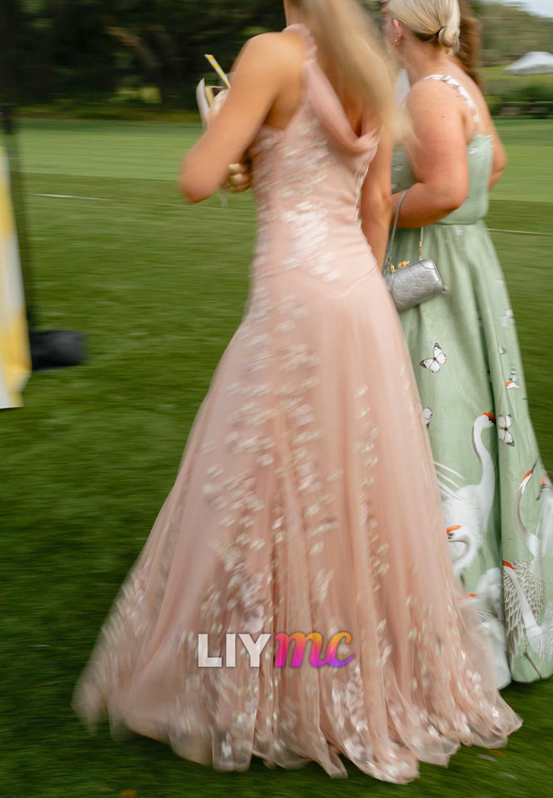 Floral Applique Deep V-Neck A-Line Gown