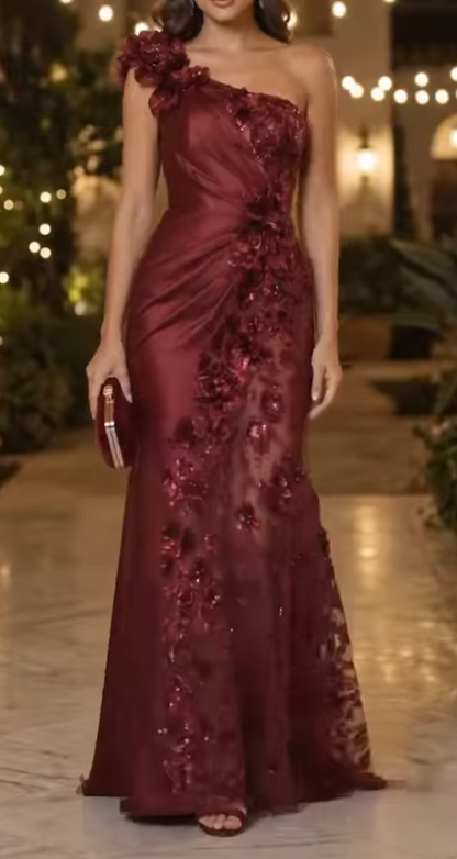 One-Shoulder 3D Floral Sequin Evening Gown