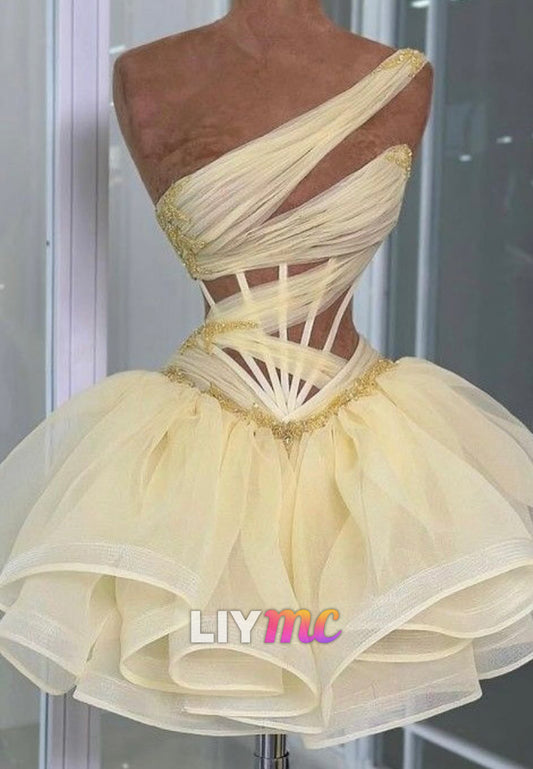 Asymmetrical One-Shoulder Corset Tulle Mini Dress