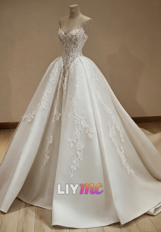 Strapless Ball Gown with Lace Appliques and Overskirt