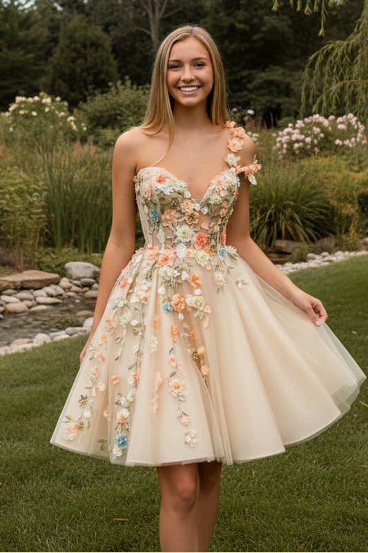 One-Shoulder A-Line Tulle Dress with 3D Flowers