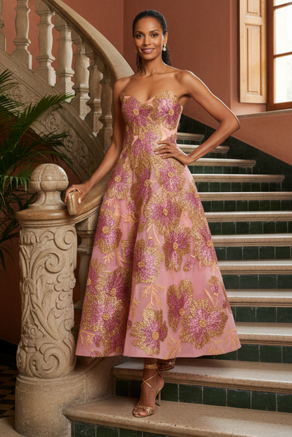 Floral Sequin Strapless Tea-Length Dress