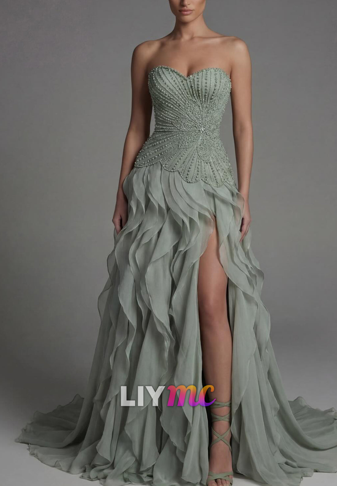Strapless Beaded Ruffle Gown with High Slit