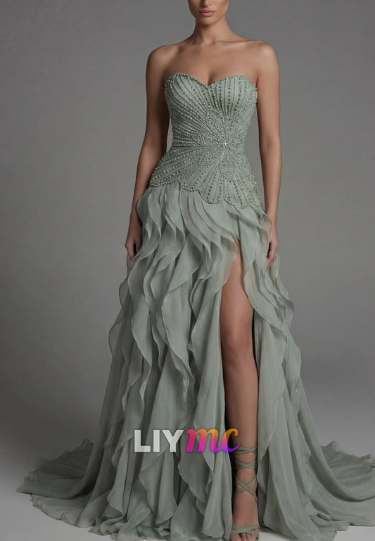 Strapless Beaded Ruffle Gown with High Slit
