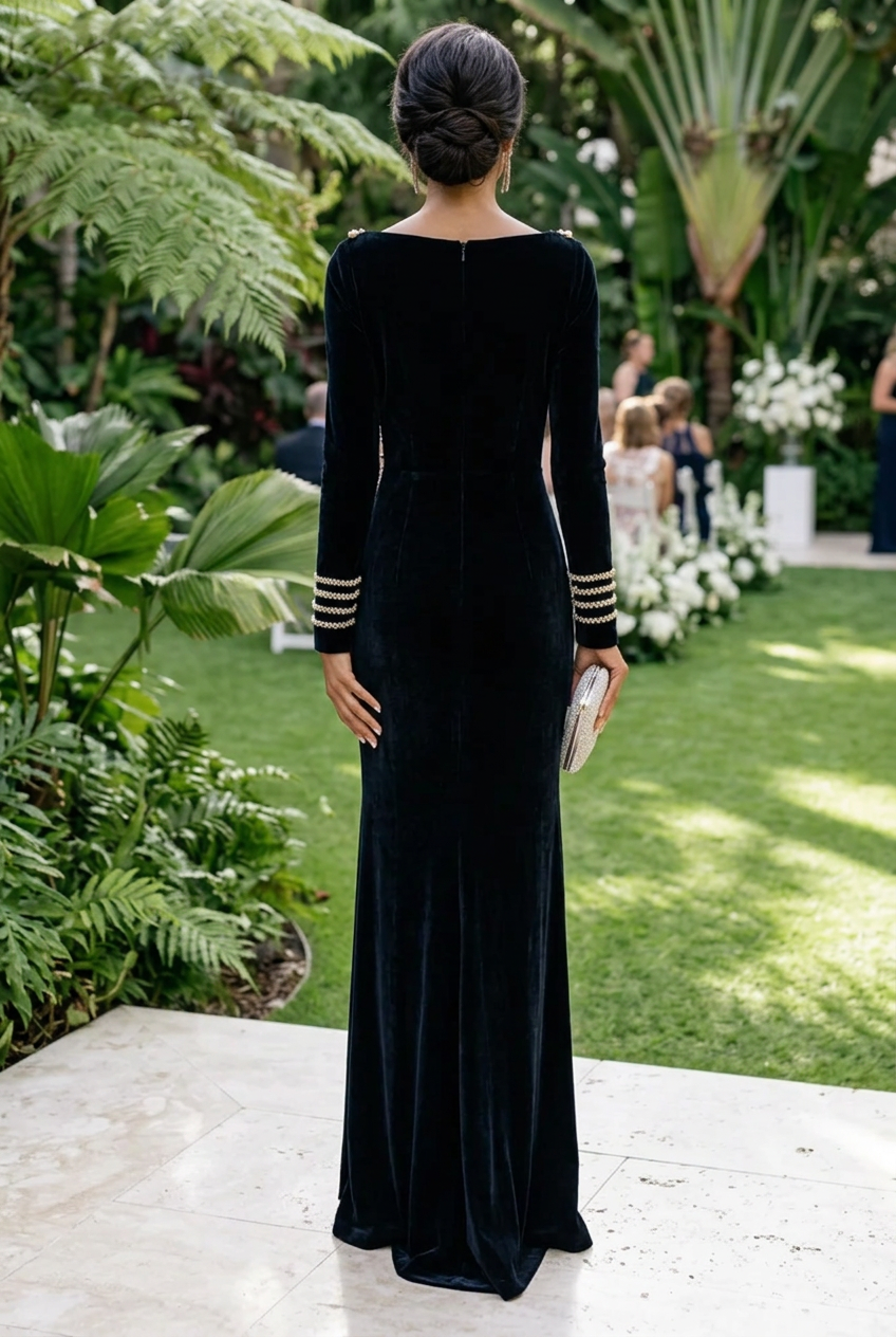 Pearl-Embellished Velvet Long Sleeve Gown with Slit