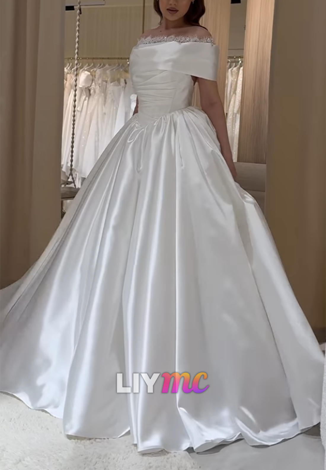 Off-the-Shoulder Pleated Satin Ball Gown