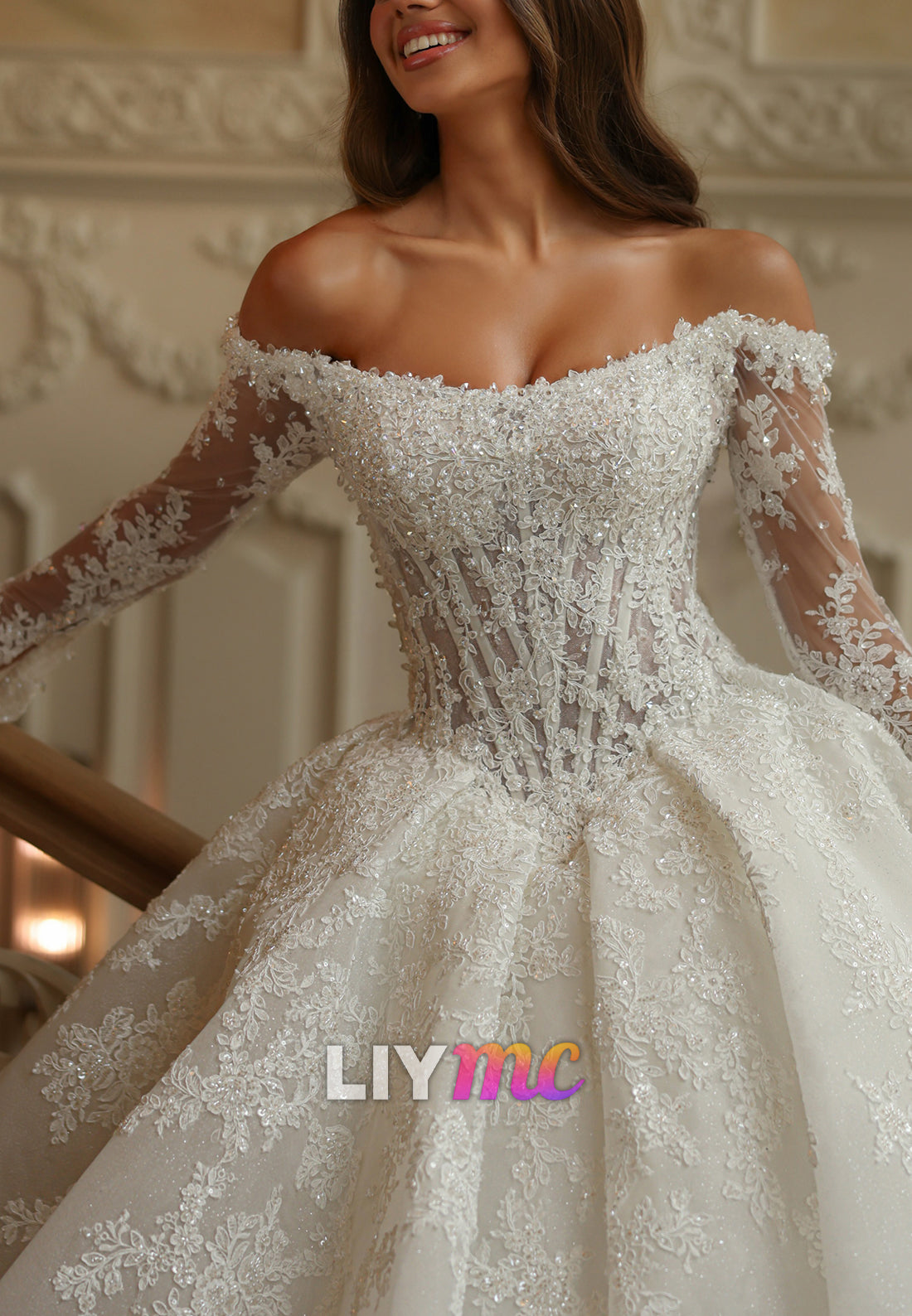 Off-The-Shoulder Lace Ball Gown Wedding Dress
