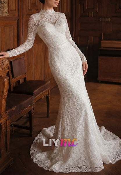 High Neck Long Sleeve Lace Wedding Dress