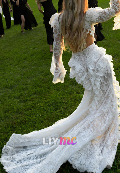 Lace High Neck Bell Sleeve Wedding Dress
