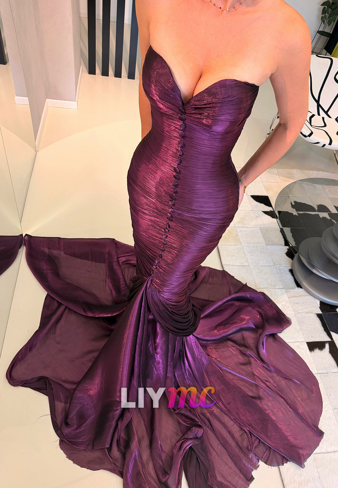 Strapless Ruched Mermaid Gown with Front Buttons