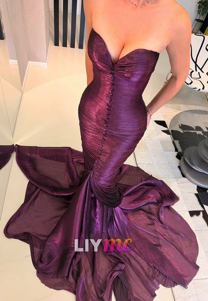 Strapless Ruched Mermaid Gown with Front Buttons