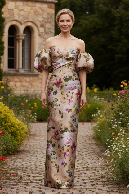 Floral Jacquard Off-the-Shoulder Column Gown