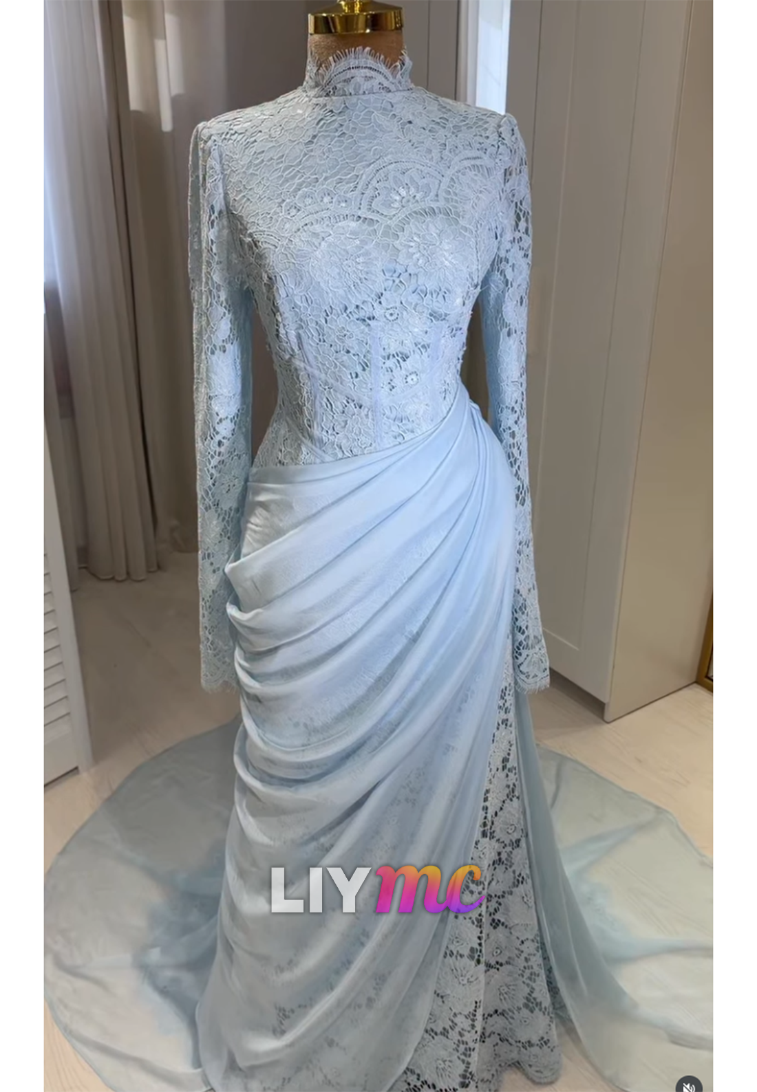 High-Neck Lace Long Sleeve Gown with Draped Skirt