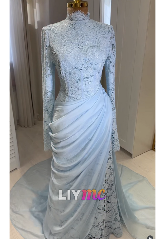 High-Neck Lace Long Sleeve Gown with Draped Skirt