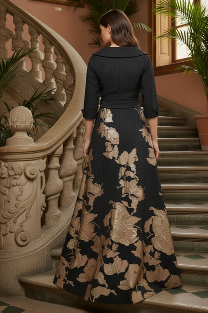 Floral Jacquard Wrap Gown with 3/4 Sleeves