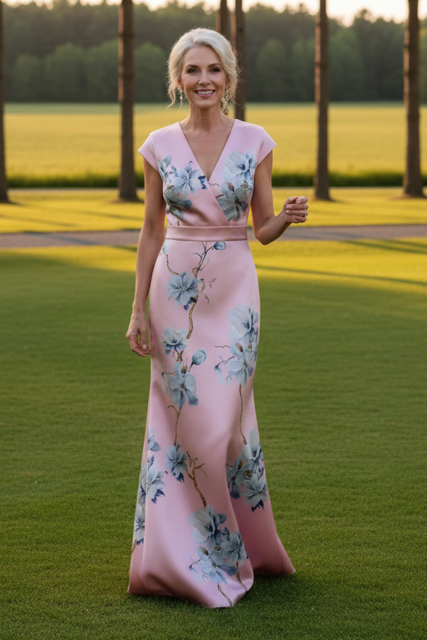 Floral Print Satin V-Neck Cap Sleeve Gown
