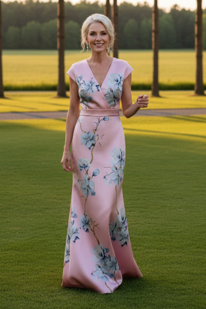 Floral Print Satin V-Neck Cap Sleeve Gown
