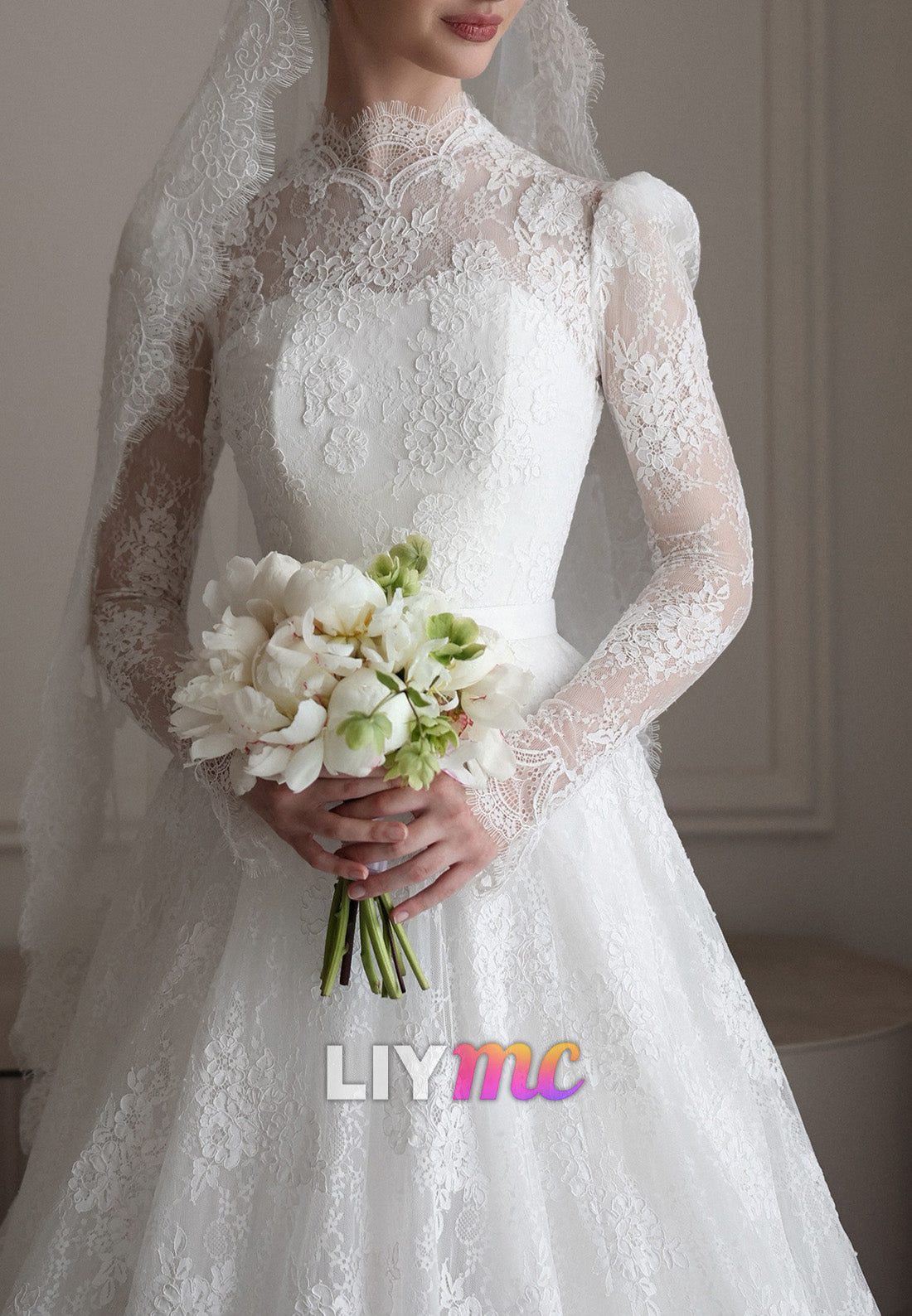 High Neck Lace A-Line Wedding Dress with Long Sleeves