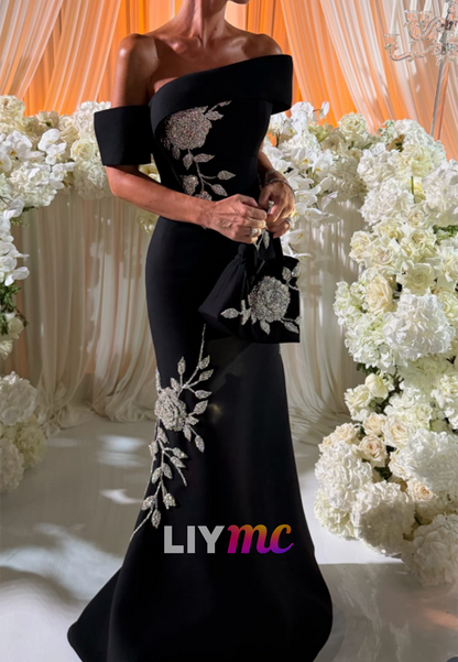 Floral Embellished Off-the-Shoulder Evening Gown