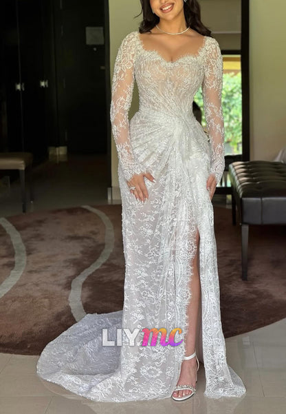 Lace Long Sleeve Slit Wedding Dress