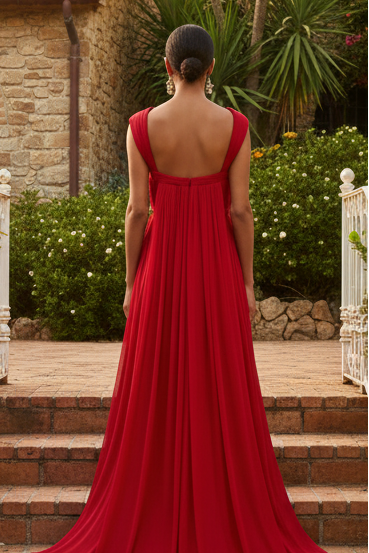 Pleated Sweetheart Chiffon Evening Gown with Cap Sleeves