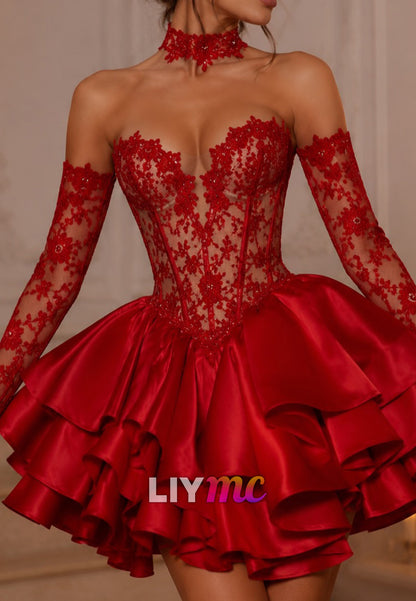 Lace Corset Tiered Satin Mini Dress