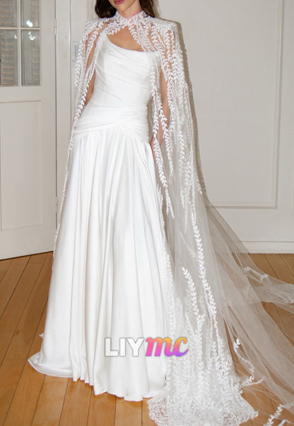 Ruched Satin A-Line Wedding Dress with Lace Cape