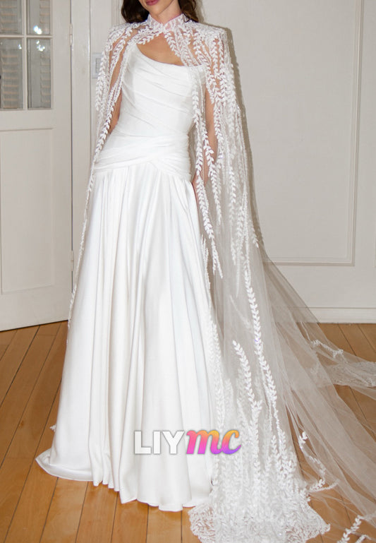 Ruched Satin A-Line Wedding Dress with Lace Cape