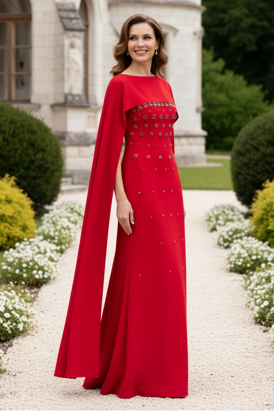 Beaded Column Gown with Cape Overlay