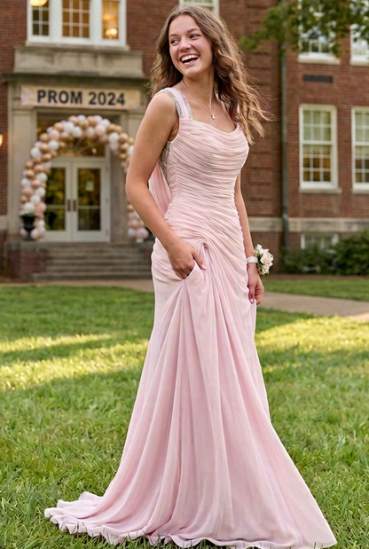 Ruched Gown with Draped Shoulder Streamers